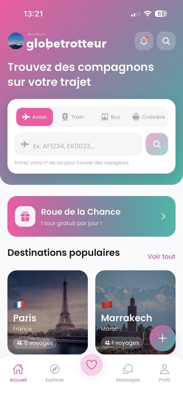 Écran d'accueil de l'application GlobeCrush